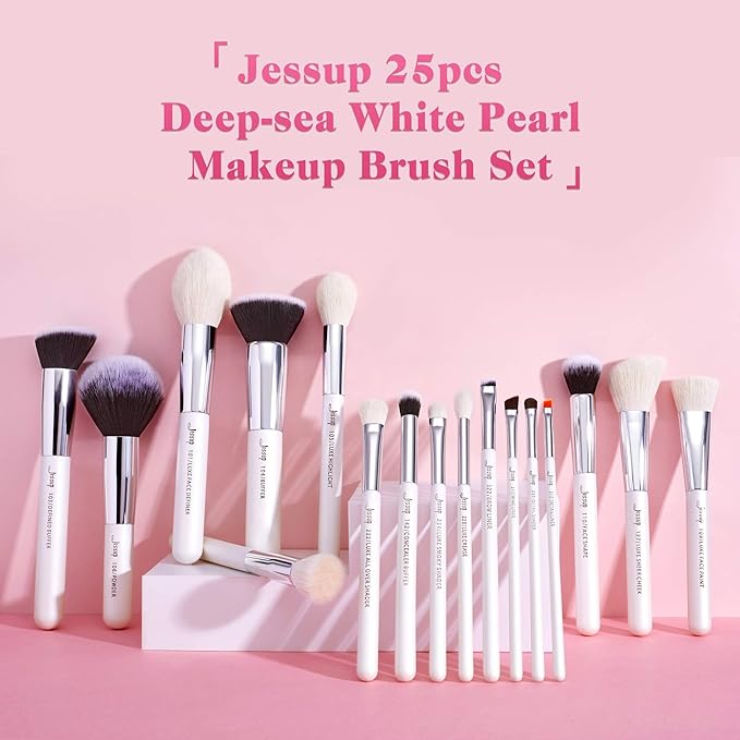 Jessup Brand 25pcs Professional Makeup Brush Set Beauty Cosmetic Foundation Powder Blusher Eyeshadow Blending Highlight Concealer Natural-Synthetic Hair Brushes Set (Pearl White/Silver)