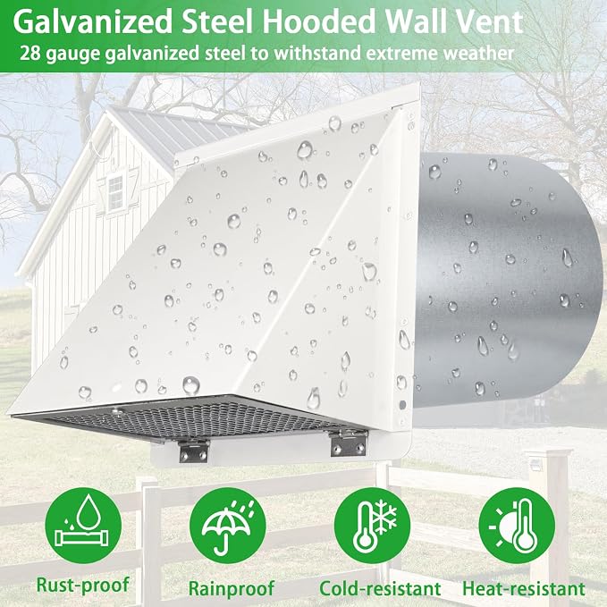 10 Inch Hooded Wall Vent with Screen and Damper, Galvanized Steel Exterior Wall - Image 4