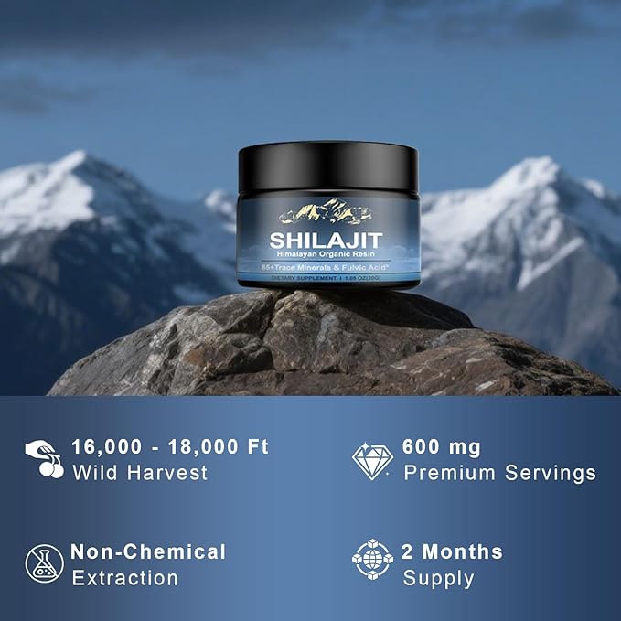 Himalayan Shilajit Organic Shilajit Resin, High Potency Shilajit for Men and Women, 600mg Pure Natural Resin with 85+ Trace Minerals and Fulvic Acid, Energy, Strength, Immune Support, 30 Grams
