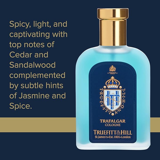 Truefitt & Hill Luxury Cologne - Trafalgar - Premium Long-Lasting Spice and Wood Men's Fragrance Presented in a Beautifully Etched Traditional Atomizer Bottle - 3.38 oz