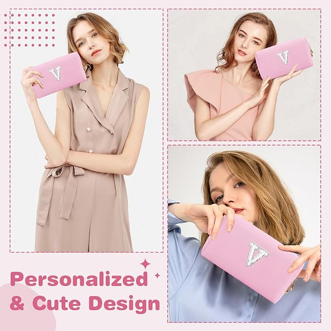ChaoGreat Bride Gifts – Personalized Initial Makeup Bag with Pearl Rhinestone Patch, Preppy Pink Monogram Cosmetic/Toiletry Pouch, bridesmaid Gifts, Bridal Shower Gifts, Wedding Gifts, Bridal Gifts,V