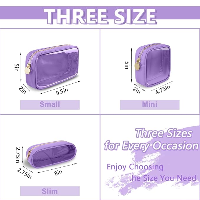 Clear Small Pencil Pouch Makeup Bag for Purse,Nylon&PVC Pencil Case Waterproof Makeup Brush Holder with Zipper,Preppy Transparent Pen Bag Travel Cosmetic Bag for Women Men Office(Slim-Purple)