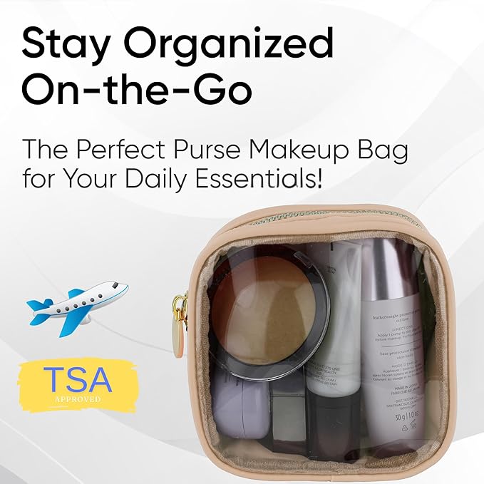 Beige Mini Makeup Bag - Clear Travel Cosmetic Case With Pouch, Small Cosmetic Pouch for Purse