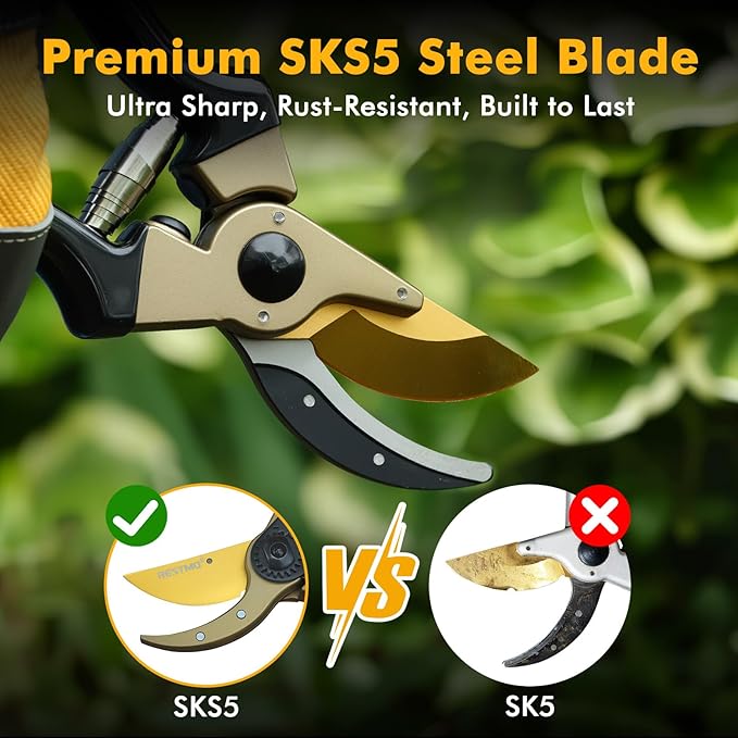 RESTMO 8.6" Professional Pruning Shears, Premium Titanium SKS5 Steel Blade for Long-Lasting Sharpness, Forged Aluminum Handles for Durability, Bypass Pruners for Gardening, Clippers & Scissor Tool