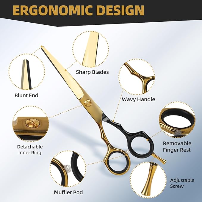6.5” Professional Hair Cutting Scissors – Japanese Stainless Steel Salon Scissors, Premium Barber Shears for Hair Cutting, Home Use for Man Woman Adults Kids Babies (Black & Gold)