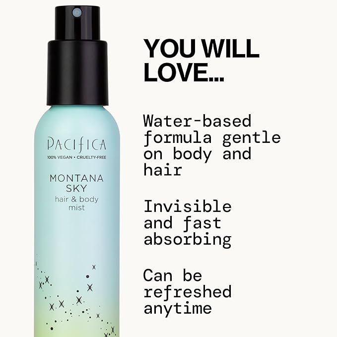 Pacifica Hair Mist Perfume & Full Body Spray for Women - Montana Sky Body Mist Fragrance w/Cedarwood, Elderflower, Black Pepper, Sage & Sandalwood Clean Beauty Alcohol-Free, Vegan & Cruelty-Free 5 oz