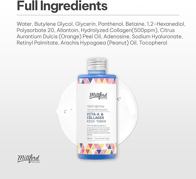 Vita A & Collagen Rich Toner 200ml/6.76 fl.oz - Anti-Aging Retinol Face Toner with Marine Collagen & Panthenol for Fine Lines, Wrinkles, Elasticity & Deep Hydration, Korean Skincare