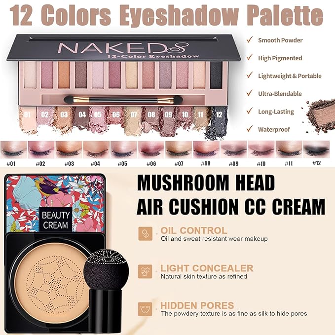 All in One Makeup Kit for Women Full Kit,Travel Make Up Gift Set for Women Teens Girls, Includes Eyeshadow,CC,Foundation,Lipstick,Mascara,Brush,Sponge,Brow Powder & Soap,Eyeliner,Primer,Contour,Bag