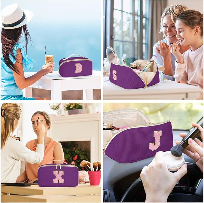 Personalized Initial Makeup Bag,Christmas Gifts for Girl,Preppy Bag Cosmetic Travel Bag Women,Travel Toiletry Organizer,Large Capacity Corduroy Stuff Bag,Cute Cosmetic Pouch Skincare Bag-O