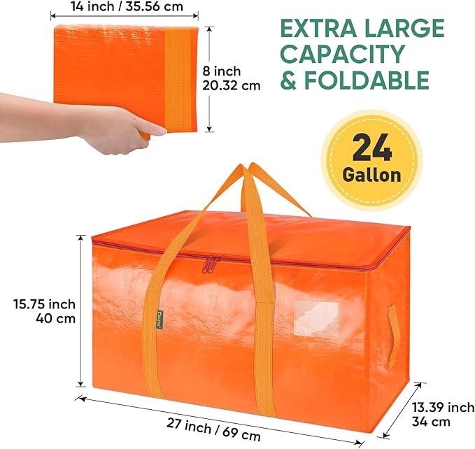 BALEINE 2-Pack Oversized Moving Bags with Reinforced Handles, Heavy-Duty Storage Tote for Clothes, Moving Supplies (Orange, 2-Pack)