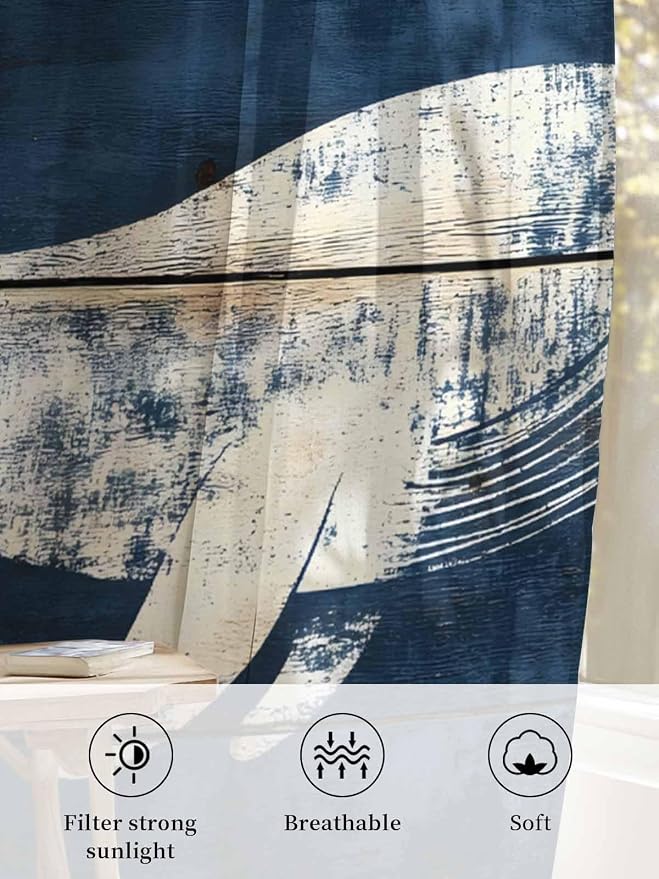 Sheer Curtains 45 Inch Length, Ocean Whale Blue Semi Sheer Curtains Light - Image 6