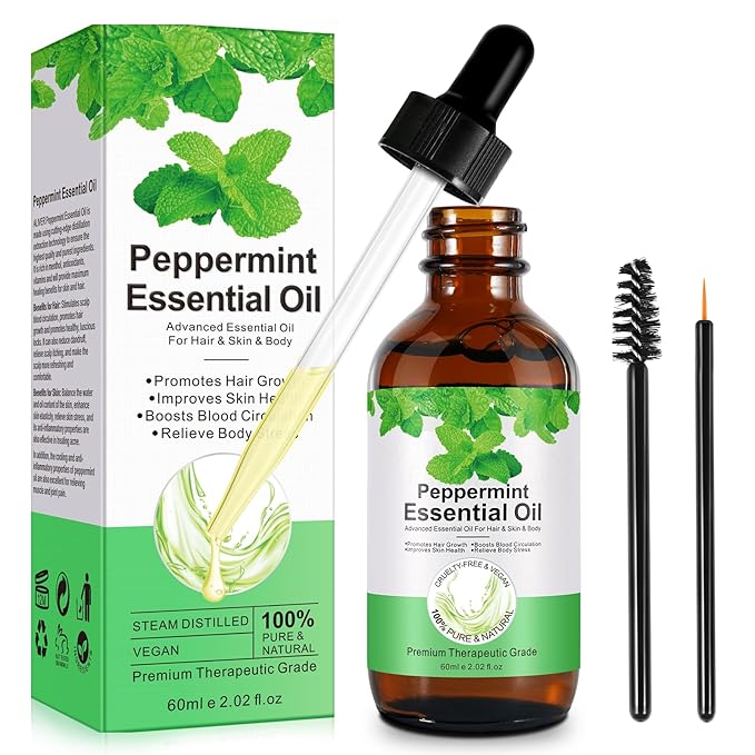 Peppermint Essential Oil 60ml, Natural Peppermint Oil for Hair Growth & Dandruff Removal - Perfect for Aromatherapy, Scalp and Body Massage, Refreshes, 2.02 fl.oz
