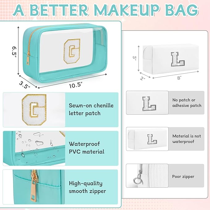 Personalized Initial Clear Makeup Bag, Travel Chenille Patch Cosmetic Bag, Preppy Toiletry Bag Monogram Cosmetic Pouch with Zipper, Ideal Gift for Teen Girls Women (Clear-Green, G)
