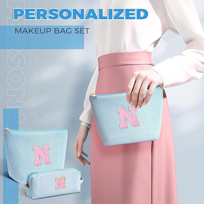 Personalized Makeup Bag for Women Girls - Fashion Cosmetic Bag Trendy Travel Toiletry Bag with Initials Letter - Teen Gifts - Blue,N