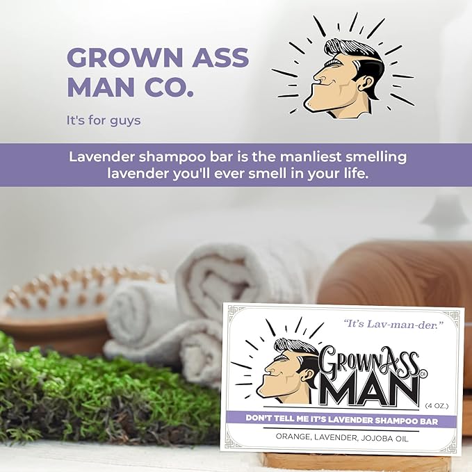 Grown Ass Man Co. - Solid Shampoo Bar Rich Lather 3 in 1: Hair, Beard & Body Wash - Plastic Free & Eco-Friendly, Natural & Organic for All Hair Types, 4oz Bar (Don't Tell Me It's Lavender, 6-Pack)