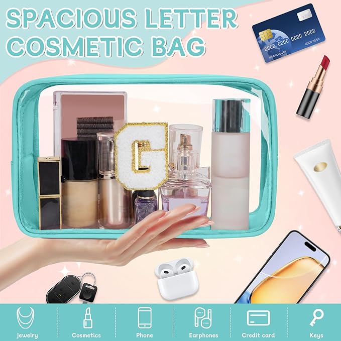 Personalized Initial Clear Makeup Bag, Travel Chenille Patch Cosmetic Bag, Preppy Toiletry Bag Monogram Cosmetic Pouch with Zipper, Ideal Gift for Teen Girls Women (Clear-Green, G)