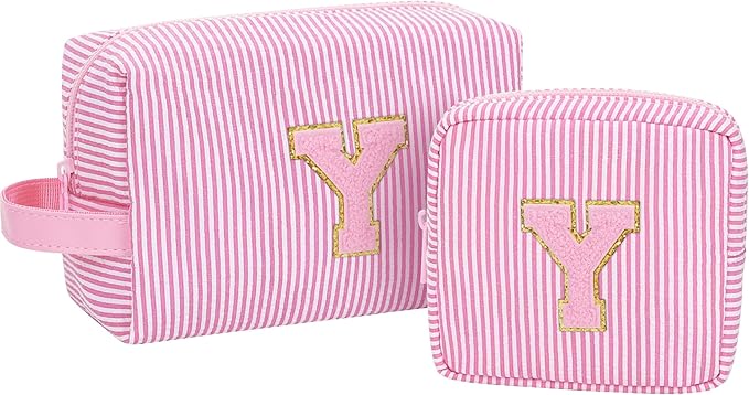 MONSTINA Personalized Initial Makeup Bag for Women,Make Up Case for Girlfriend Bridesmaid Wife,Birthday Gift for Her Cute Toiletry Bag,Period Bag Sanitary Napkin Storage Bag|Tampon Pouch,2PCS,Pink Y