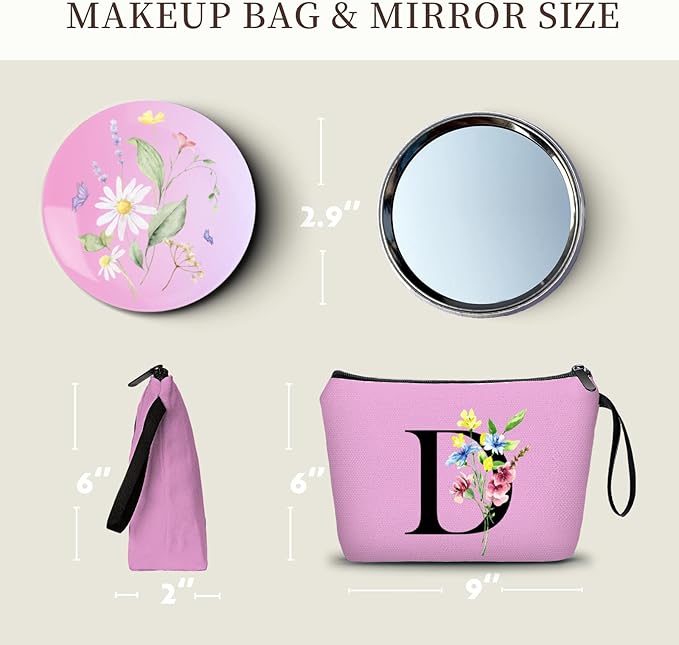 Women Birthday Maid of Honor Monogrammed Gifts for Bride Bridesmaid Sister Friend Her Teacher Makeup Cosmetic Bag with Mirror Mothers Day Christmas Graduation D