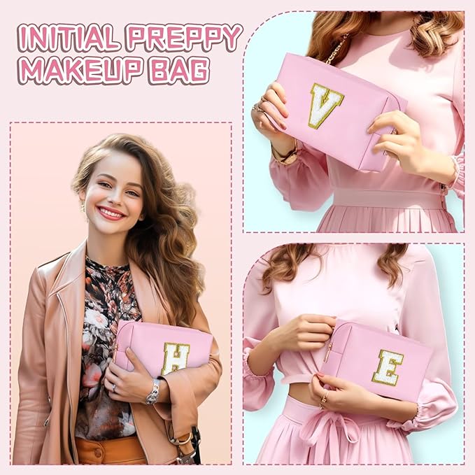 TOPEAST Preppy Patch Makeup Bag, Chenille Letter Pouch Cosmetic Bag, PU Leather Waterproof Toiletry Bag, Personalized Birthday Gift for Women Girl, Cute Stuff for Girls (Pink B)