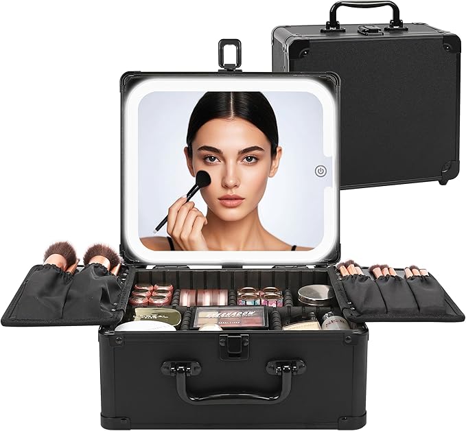 Relavel Makeup Bag with LED Mirror, Makeup Box Travel Train Case with Rechargeable Lighted Mirror & Adjustable Dividers, Cosmetic Brush Organizer Storage for Makeup Artists Gifts for Women and Girls