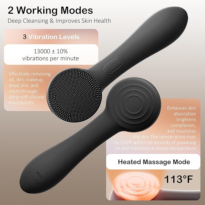 Facial Cleansing Brush Silicone Face Scrubber Waterproof Rechargeable Exfoliator Massage Device for Men & Women, Deep Pore Cleansing, Exfoliating, Removing Blackhead Electric Face Scrub Brush (Black)