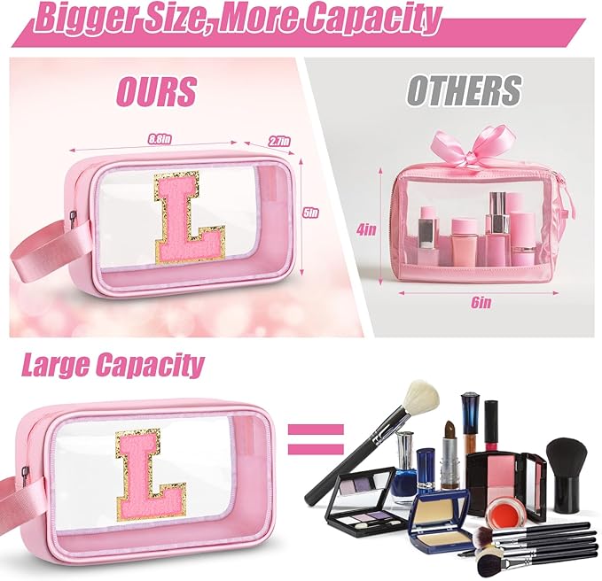 Initial Makeup Bag,Letter L Cute Clear Monogrammed Cosmetic Travel Bag for Womens Girls,Personalized Pink Aesthetic Traveling Make Up Organizer Bag for Beach,Waterproof Toiletry Bag