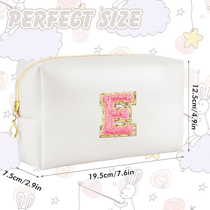 Initial Makeup Bag Personalized Preppy Travel Small Cosmetic Bag Cute PU White Chenille Letter Makeup Pouch for Purse Waterproof Zippered Toiletry Organizer for Women Girls Kids Friends (E)