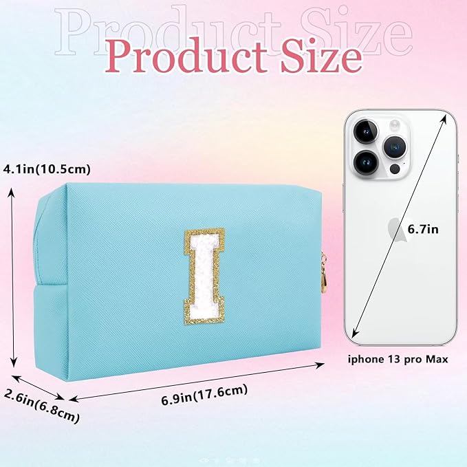 Small Personalized Letter Makeup Bag, Cute PU Leather Chenille Letters Cosmetic Bag Travel Makeup Pouch, Preppy Travel Organizer Zipper Pouch for Women&Girls（Blue-I）