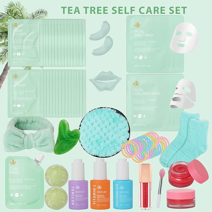 Tea Tree Face Sheet Mask Pack, 55Pcs Skin Care Set for Women & Men, Self Care Kit, Hydrogel Jelly Mask, Eye Gel, Under Eye Patches, Hyaluronic Acid Facial Serum, Christmas, Birthday,Mother Day, Dad
