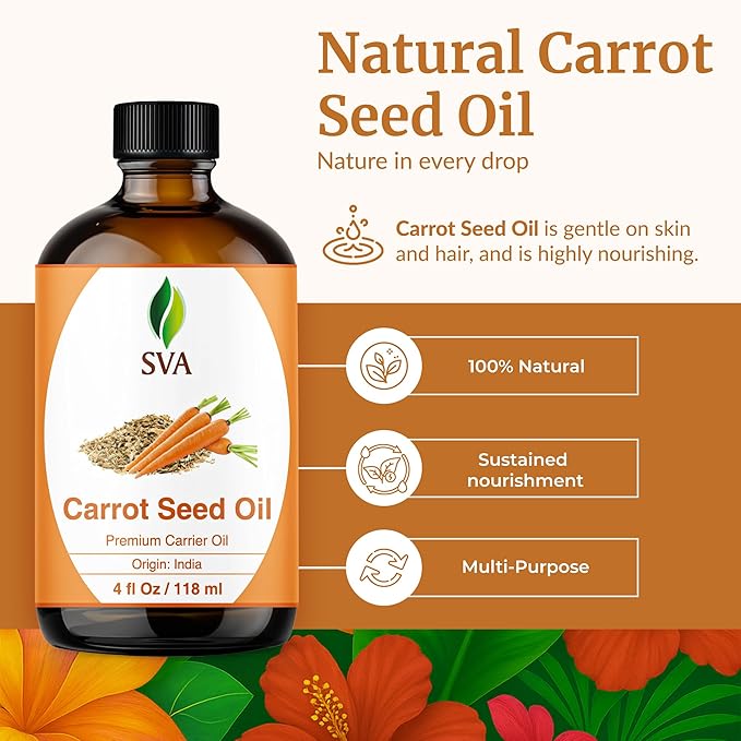 SVA Carrot Seed Oil - 4 Fl Oz – 100% Natural Cold Pressed Carrot Oil - for Face, Skin Care, Hair Care, Scalp Massage & Body Massage – Carrier Oil with Dropper