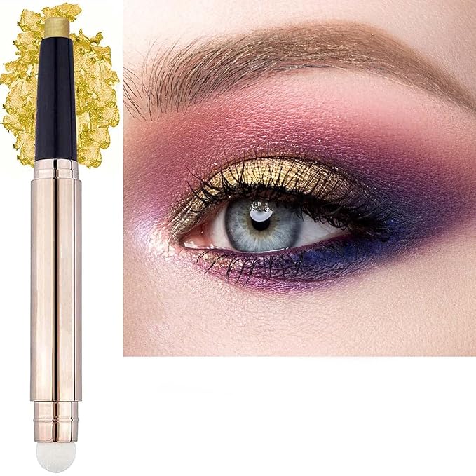Gold Eyeshadow Stick Makeup, Long-Lasting Waterproof Eye Shadow Pencil, Hypoallergenic Smudge-Proof Glitter Primer Palette Shimmer Eyeliner, Easy to Blend Eye Make Up