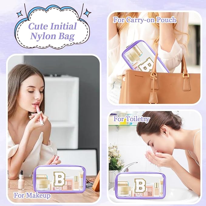 Small Clear Personalized Initial Makeup Bag,Nylon Preppy A-Z Chenille Letter Patch Cosmetic Pouch Beach Toiletry Bag,Waterproof Zip Travel Purse Storage Bag Organizer for Women Girls(Purple-White B)