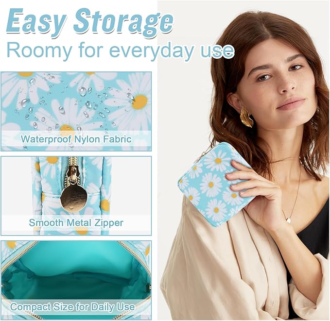 Nylon Mini Floral Makeup Bag for Purse, Small Cute Travel Makeup Bag Preppy Flower Cosmetic Zipper Pouch, Waterproof Coin Pouch Sanitary Napkin Storage Bag Make Up Organizer Set for Women(Blue-Daisy)