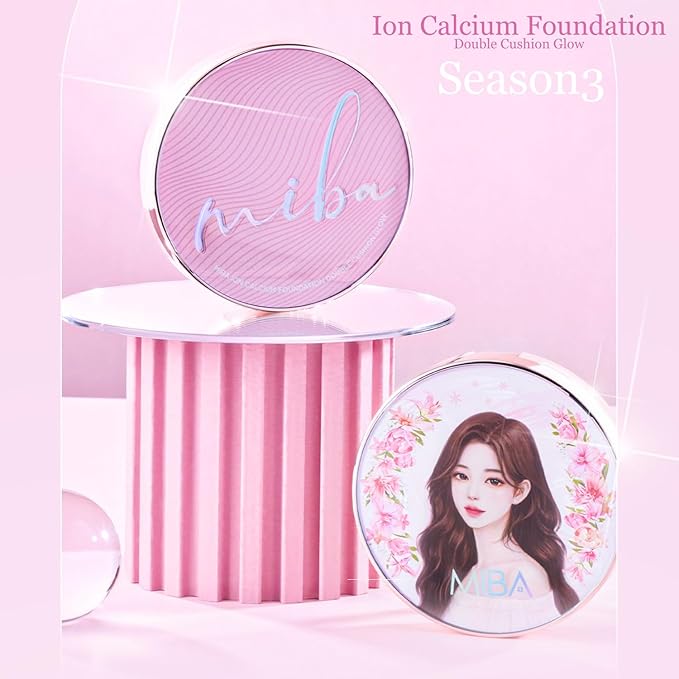 MIBA Ion Calcium Foundation Double Cushion Glow 25 g / 0.88 oz Big Cushion SEASON 3. Long Lasting Cover Effect. Moisture glow. Skin tightening relief. Smooth adhesion. (Lovely #23 Rosy Beige)