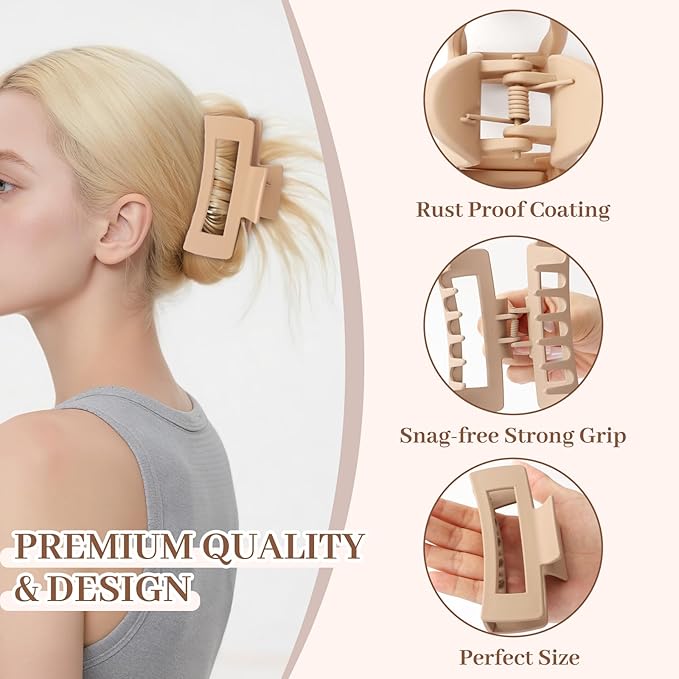Matte Non-Slip Large Hair Clips for Women 8PCS (4 Beige+4 Khaki), Durable Claw Clips for Women/Girls | Gift-Ready Neutral Hair Accessories for Daily & Special Occasions