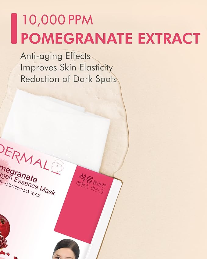 DERMAL Pomegranate Collagen Korean Facial Mask Sheet Pack of 10- Revitalizing, Vibrant Skin, Elasticity - Hypoallergenic Skin Friendly Sheet
