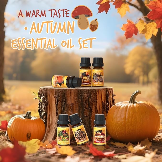 Autumn Fragrance Oils Set, Essential Oil for Diffuser, Fall Scent Diffuser Oil, Use for Soap Candle Making,Pumpkin Spice, Spiced Cider, Maple Syrup, Autumn Harvest, Cinnamon, and Apple Pie