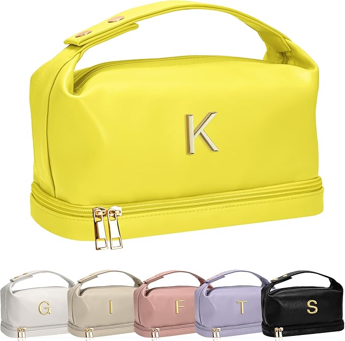 Gifts for Young Women, Personalized Makeup Bag with Handle, Initial Double Layer Cosmetic Bag with Makeup Brush Organizer, Cute Cosmetic Pouch for Women, Gifts for Friends Female Mom