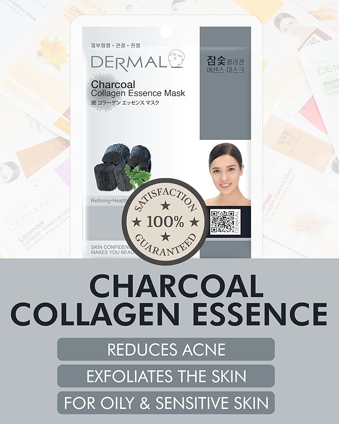 DERMAL Charcoal Collagen Essence Korean Facial Mask Sheet Pack of 10 - Pore Purifying, Boosting Moisture, Rejuvenating Clarity - Hypoallergenic Skin Friendly Sheet