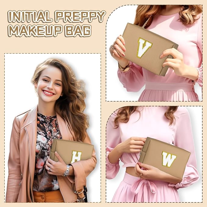 TOPEAST Personalized Birthday Gifts for Women, Preppy Patch Makeup Bag, Chenille Letter Pouch Cosmetic Bag, Travel Organizer, Gifts for Friends, Cute Stuff for Women (Khaki L)