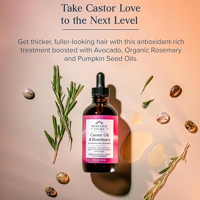 HERITAGE STORE Castor Oil & Rosemary Volumizing Hair Treatment for Fullness and Shine - with Organic Castor Oil, Rosemary, Avocado and Amla, Hypoallergenic, Vegan, Cruelty Free, 60-Day Guarantee, 4oz
