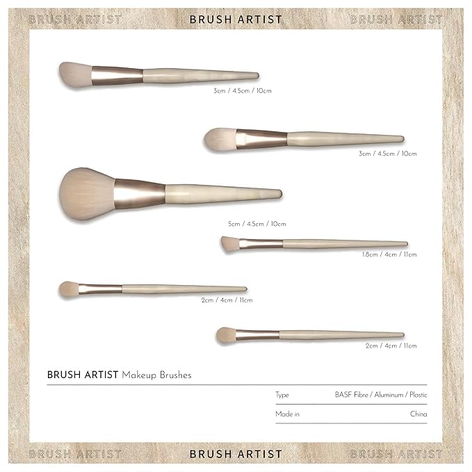 BRUSH ARTIST 13 PCs Premium Synthetic Champagne Makeup Brush Set with Cotton Cosmetic Bag, Foundation Sponge, Face Powder Brush, Contour Brush, Blush Brush, Eyeshadow Brush, Concealer Brush