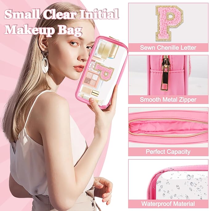 Small Clear Personalized Initial Makeup Bag, Preppy Nylon A-Z Chenille Letter Patch Makeup Organizer TSA Approved Travel Toiletry Bag,Waterproof Zip Beach Cosmetic Pouch Purse for Women(Pink-Pink P)