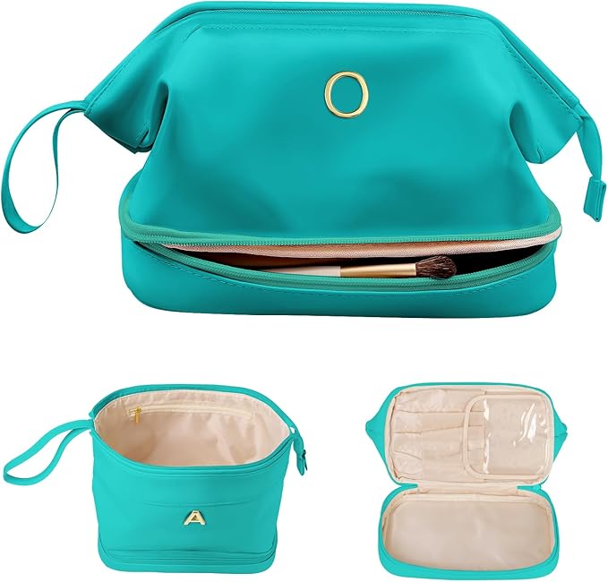 Freshman Gifts, Birthday Gift for Her, Makeup Bags, Waterproof Double Layer Cosmetic Bag, Large Capacity PU Leather Makeup Bags Letter Travel Toiletry Bag, Initial Gifts for Coworkers