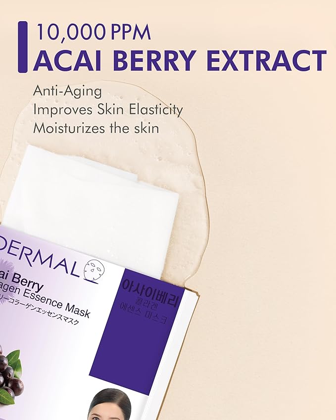 DERMAL Acai Berry Collagen Essence Facial Mask Sheet 23g Pack of 10 - Moisturizing & Firming Keeps Skin Healthy and Clean, Daily Skin Treatment Solution Sheet Mask