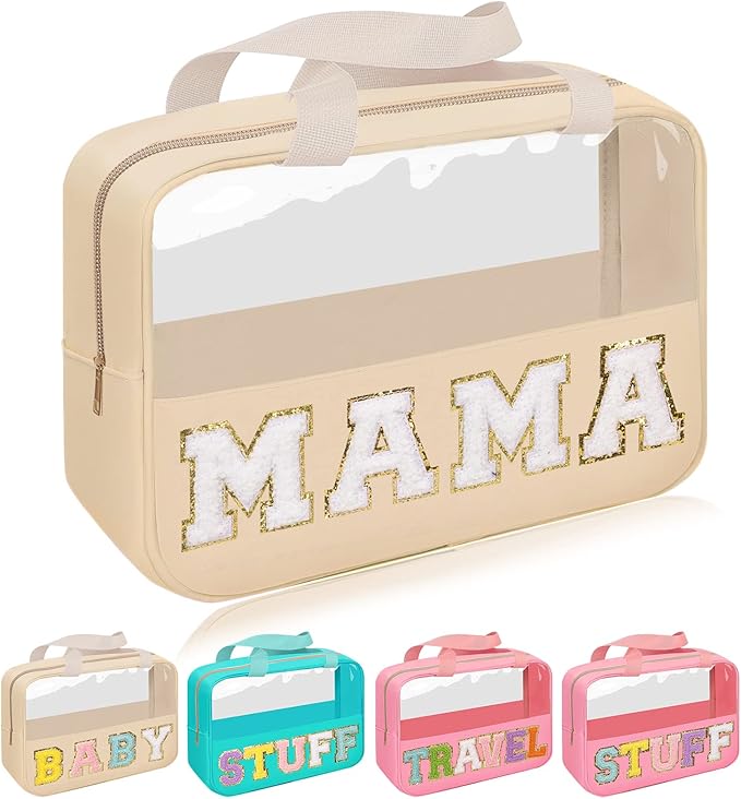 Iqimott Chenille Letter Patch Mama Bag, Preppy Clear Makeup Cosmetic Bag Large Toiletry Storage Tote Bag with Handle, Transparent Nylon Waterproof Organizer Zipper Pouch for Travel Women Girls(Beige)