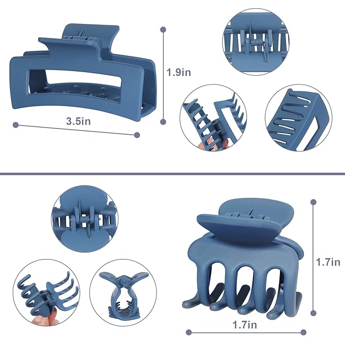 Medium Hair Clips for Women 8 Pcs Small Claw Clips for Thin and Thick Hair 2 Styles Hair Claw Clips Combination Rectangle Banana Jaw Hair Accessories for Women and Girls (Blue)