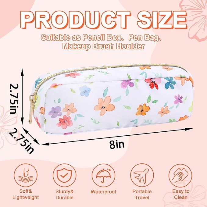 Waterproof Small Floral Pencil Case Makeup Bag for Purse,Cute Flower Pencil Pouch Preppy Nylon Makeup Brush Holder with Zipper,Girls Portable Storage Case Pen Bag for Work(Slim Colorful-Flowers)