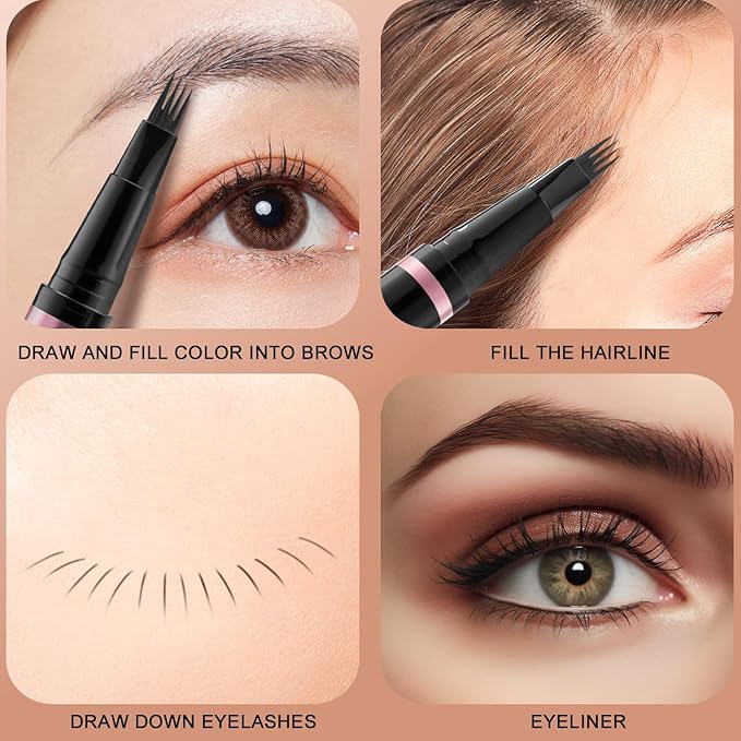 Eyebrow Pencil,2-in-1 Waterproof Eyebrow Pen with 4 Tip Brow Pen and Ultra-Precise Brow Pencil,with Dual-ended Eyebrow Brush,Eyebrow Makeup for Natural Looking Eyebrows - Brunette