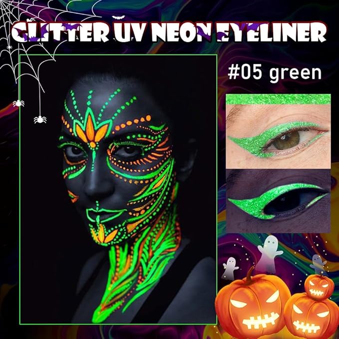 evpct Green Shimmer Eyeliner UV Neon Gel Eyeliner Pencil Makeup, Rainbow Halloween Colored Colorful Gel Eye Liner Pen Glow in Dark Makeup, Long Lasting Waterproof Eyeliners for Face Body Painting
